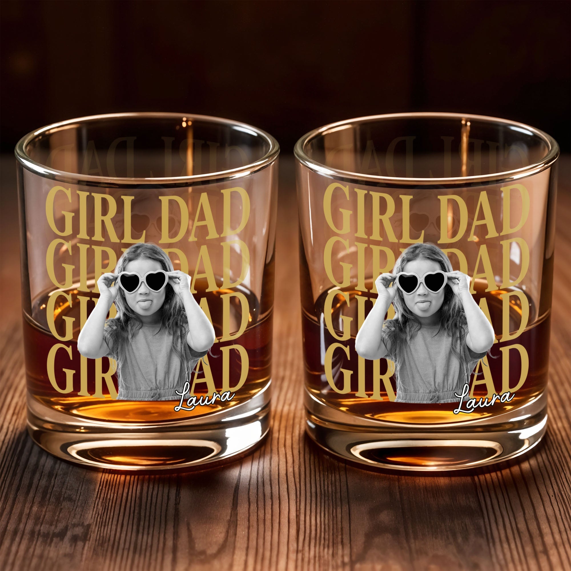 Girl Dad Custom Photo With Daughter Heart Sunglasses - Personalized Custom Whiskey Glass - DAD763_RWG