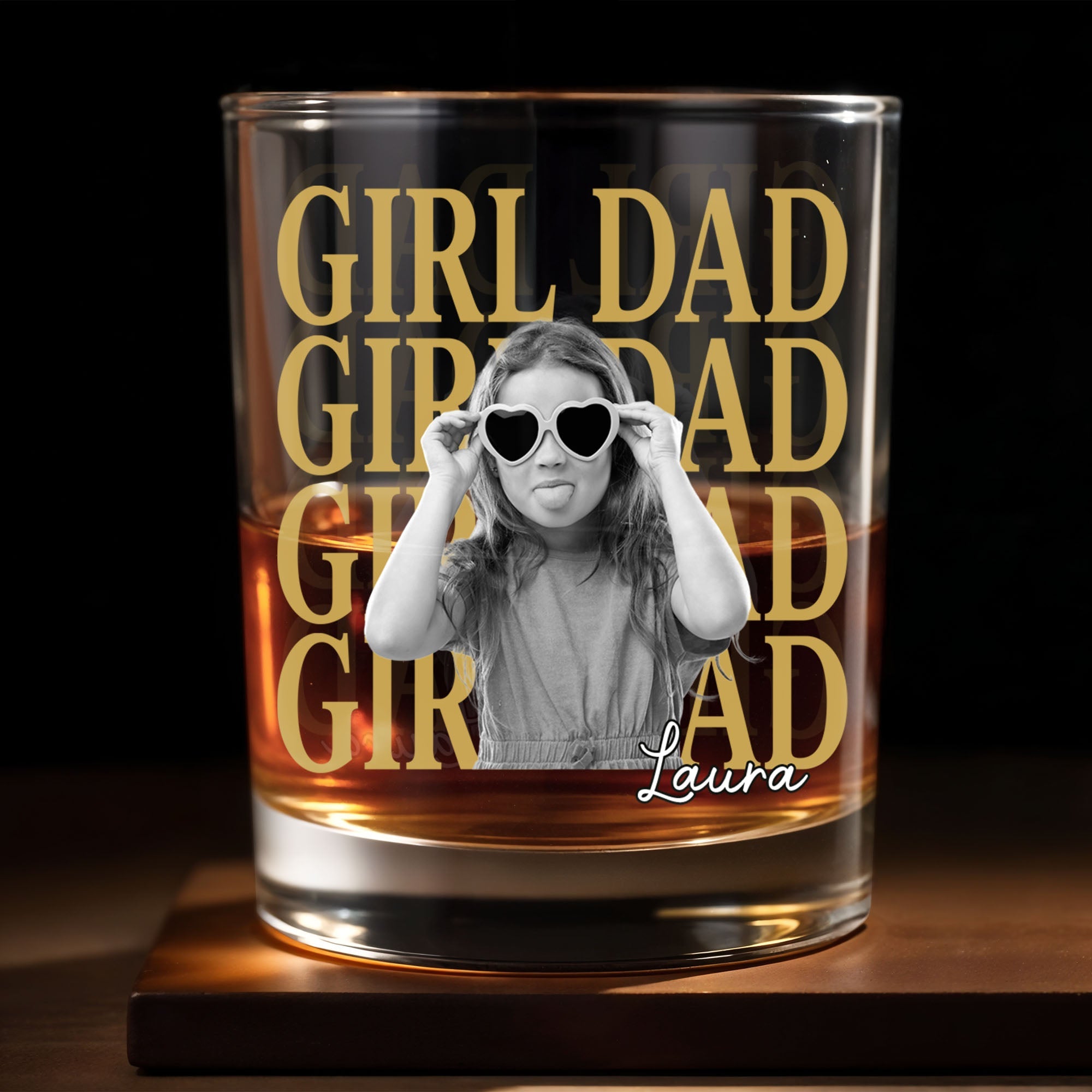 Girl Dad Custom Photo With Daughter Heart Sunglasses - Personalized Custom Whiskey Glass - DAD763_RWG