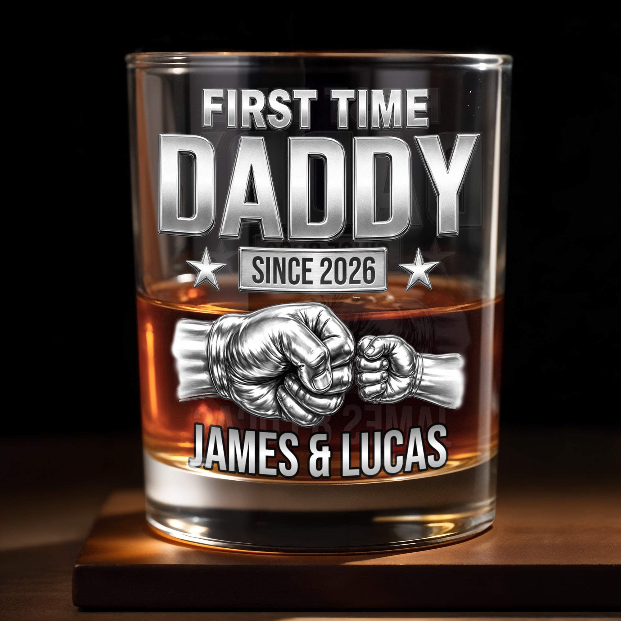 First Time Daddy Since Fist Bump 3D Silver Effect - Personalized Custom Whiskey Glass - DAD786_RWG
