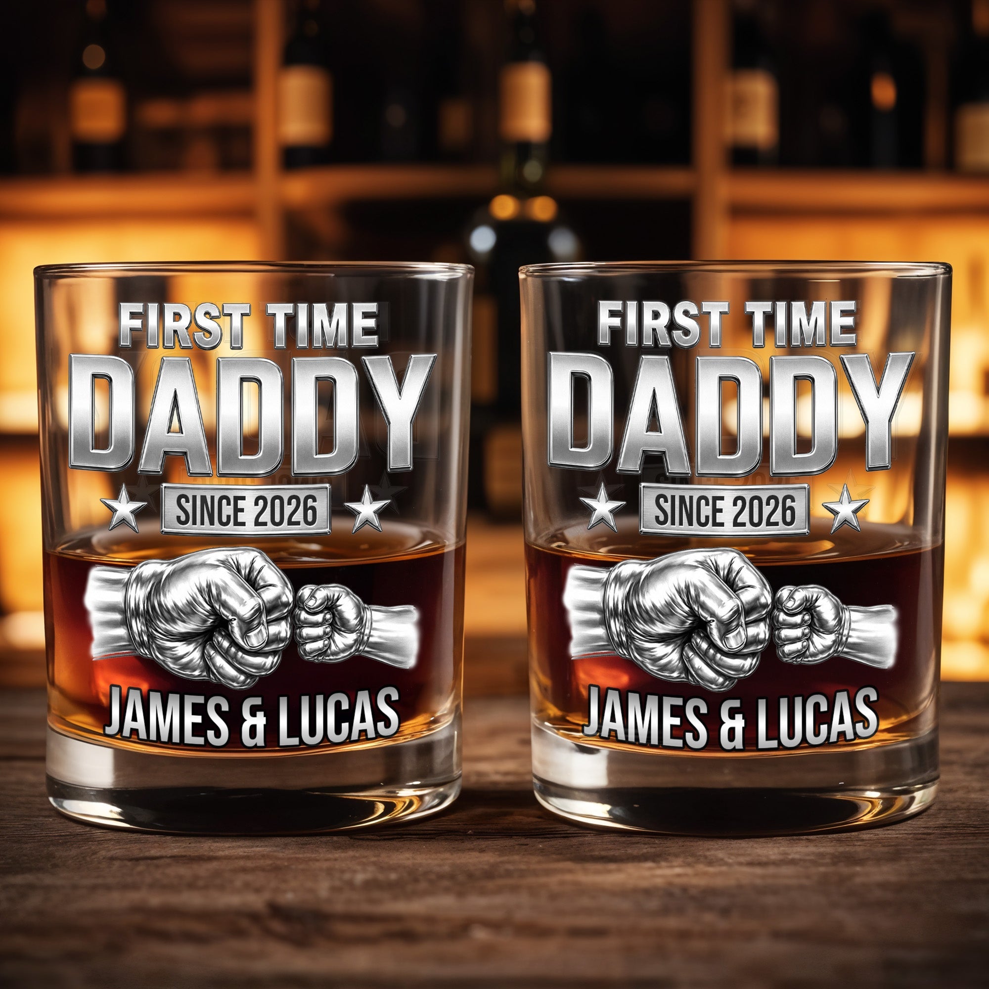 First Time Daddy Since Fist Bump 3D Silver Effect - Personalized Custom Whiskey Glass - DAD786_RWG