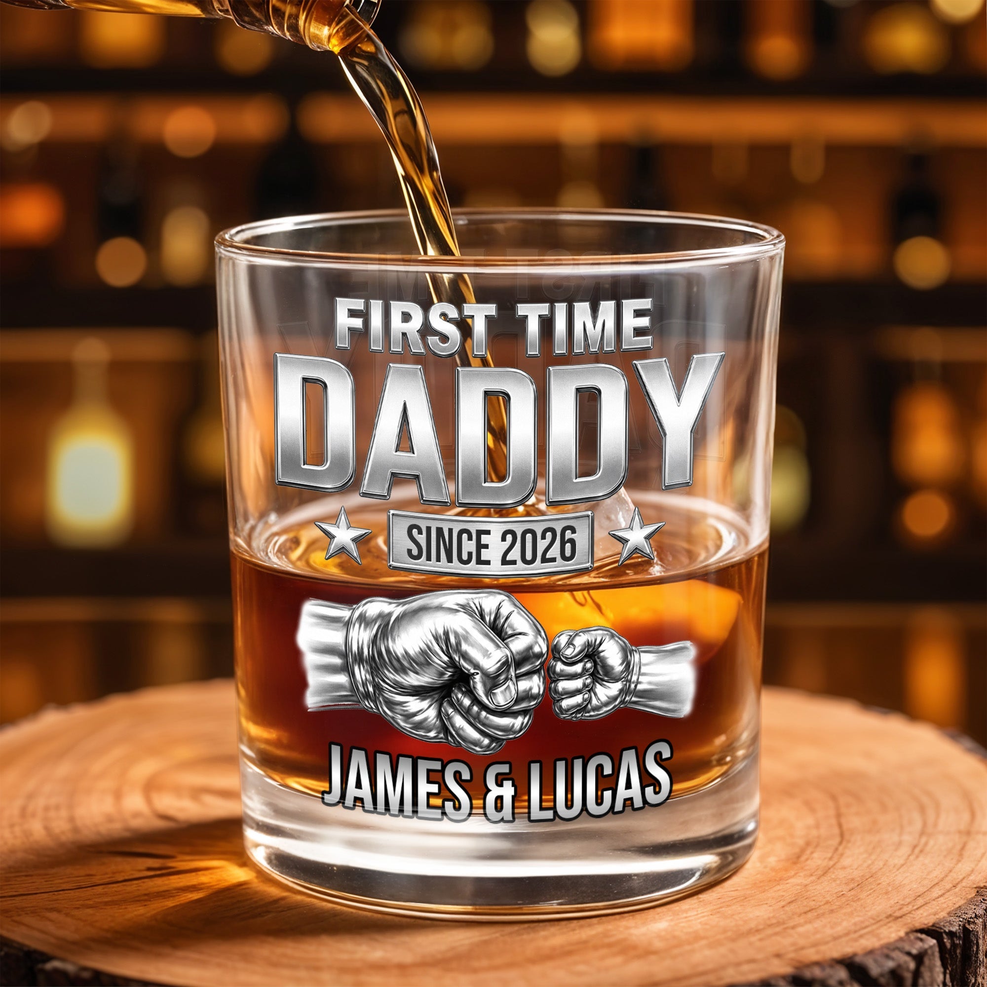 First Time Daddy Since Fist Bump 3D Silver Effect - Personalized Custom Whiskey Glass - DAD786_RWG