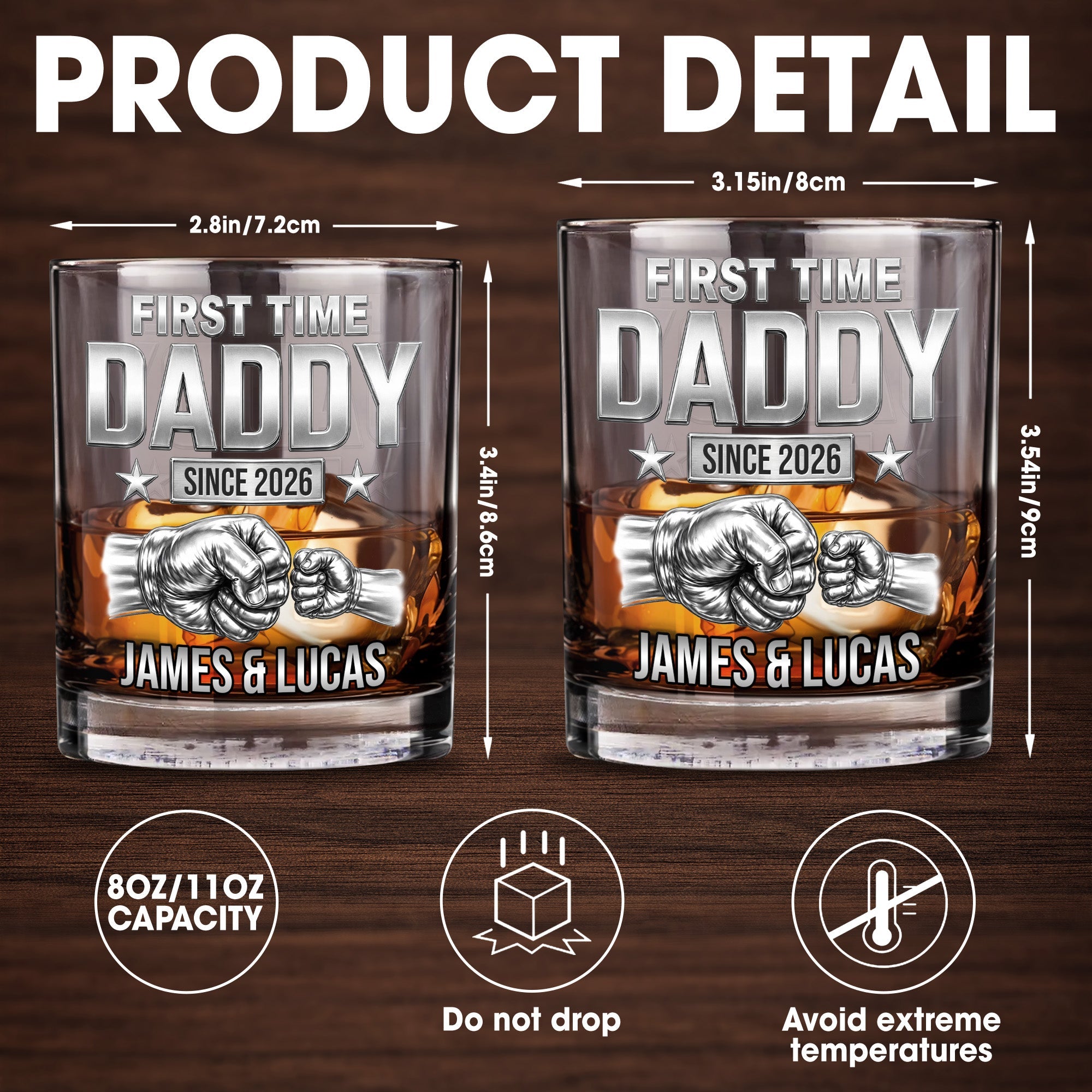 First Time Daddy Since Fist Bump 3D Silver Effect - Personalized Custom Whiskey Glass - DAD786_RWG