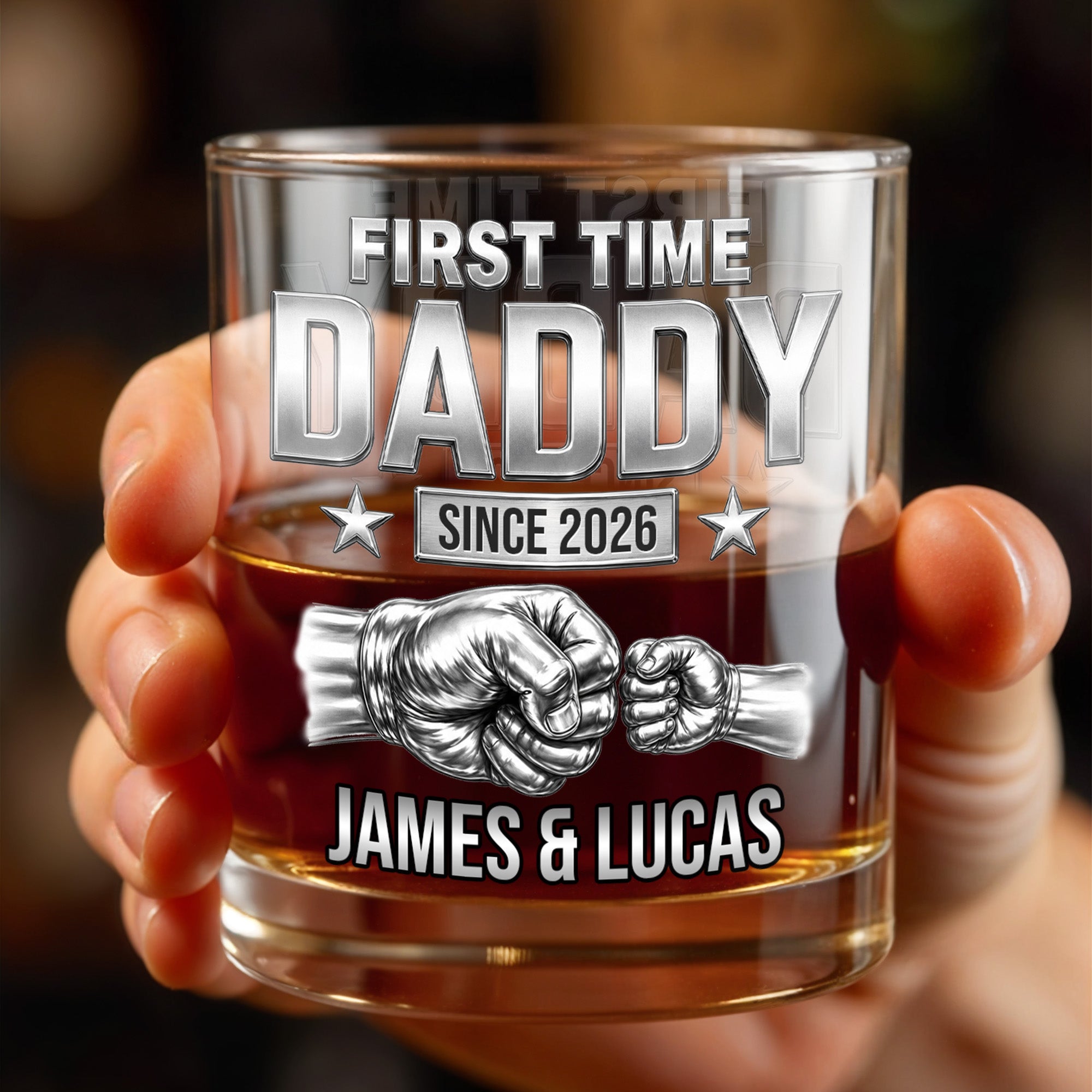 First Time Daddy Since Fist Bump 3D Silver Effect - Personalized Custom Whiskey Glass - DAD786_RWG
