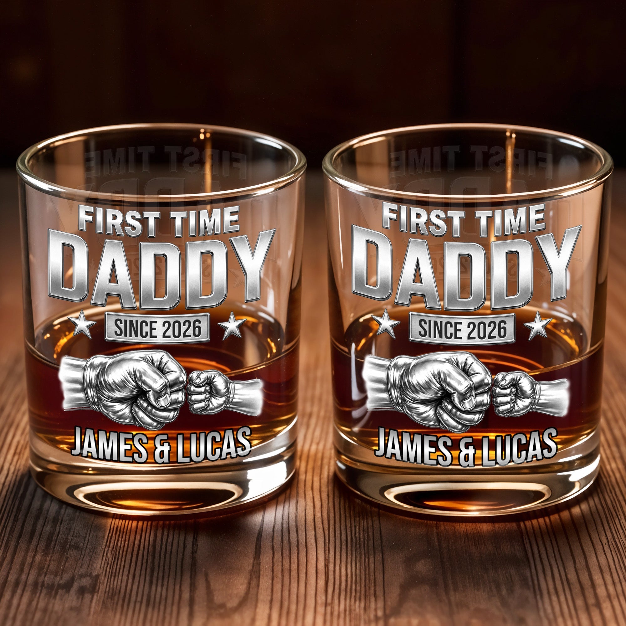 First Time Daddy Since Fist Bump 3D Silver Effect - Personalized Custom Whiskey Glass - DAD786_RWG