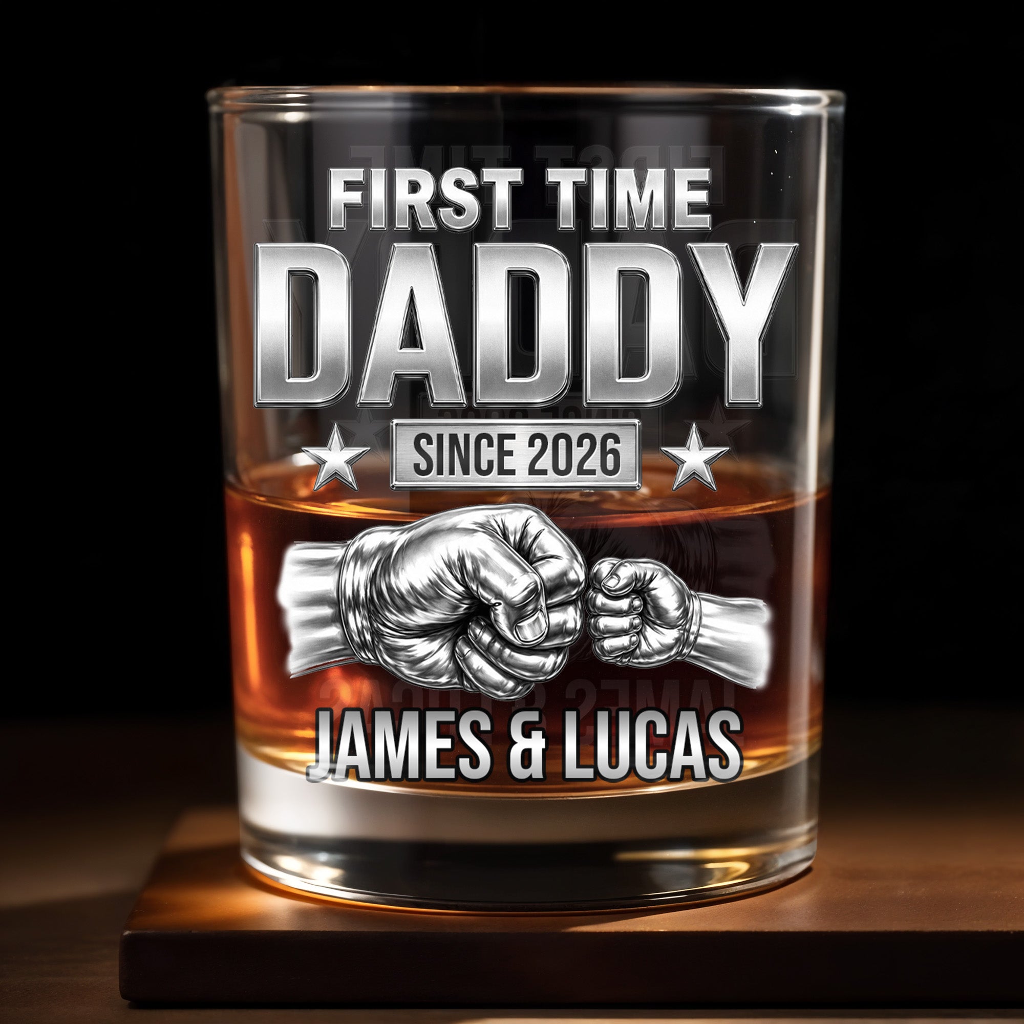 First Time Daddy Since Fist Bump 3D Silver Effect - Personalized Custom Whiskey Glass - DAD786_RWG