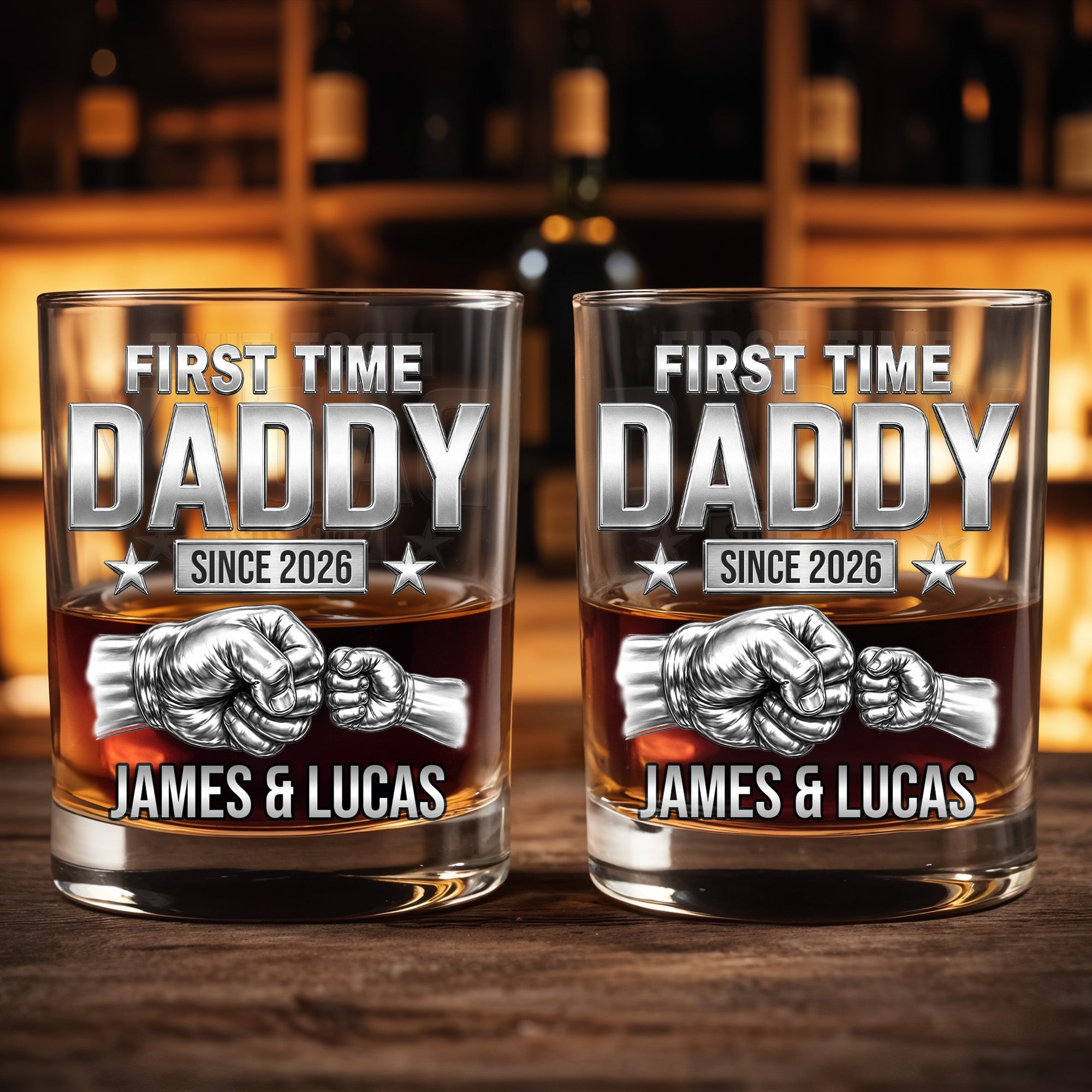 First Time Daddy Since Fist Bump 3D Silver Effect - Personalized Custom Whiskey Glass - DAD786_RWG