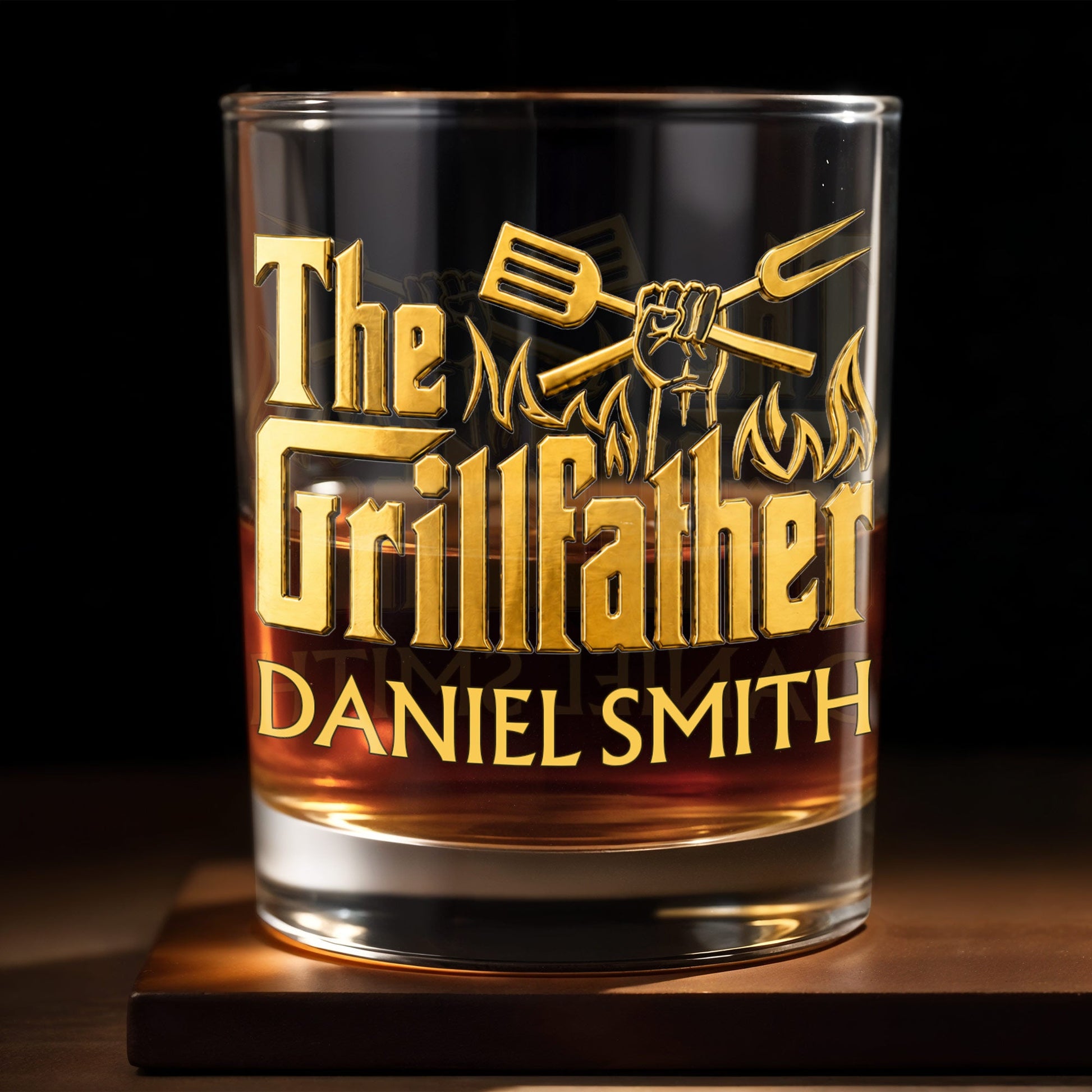 The Grillfather With Spatula Fork And Flames Design - Personalized Custom Whiskey Glass - DAD792_RWG