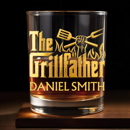 The Grillfather With Spatula Fork And Flames Design - Personalized Custom Whiskey Glass - DAD792_RWG