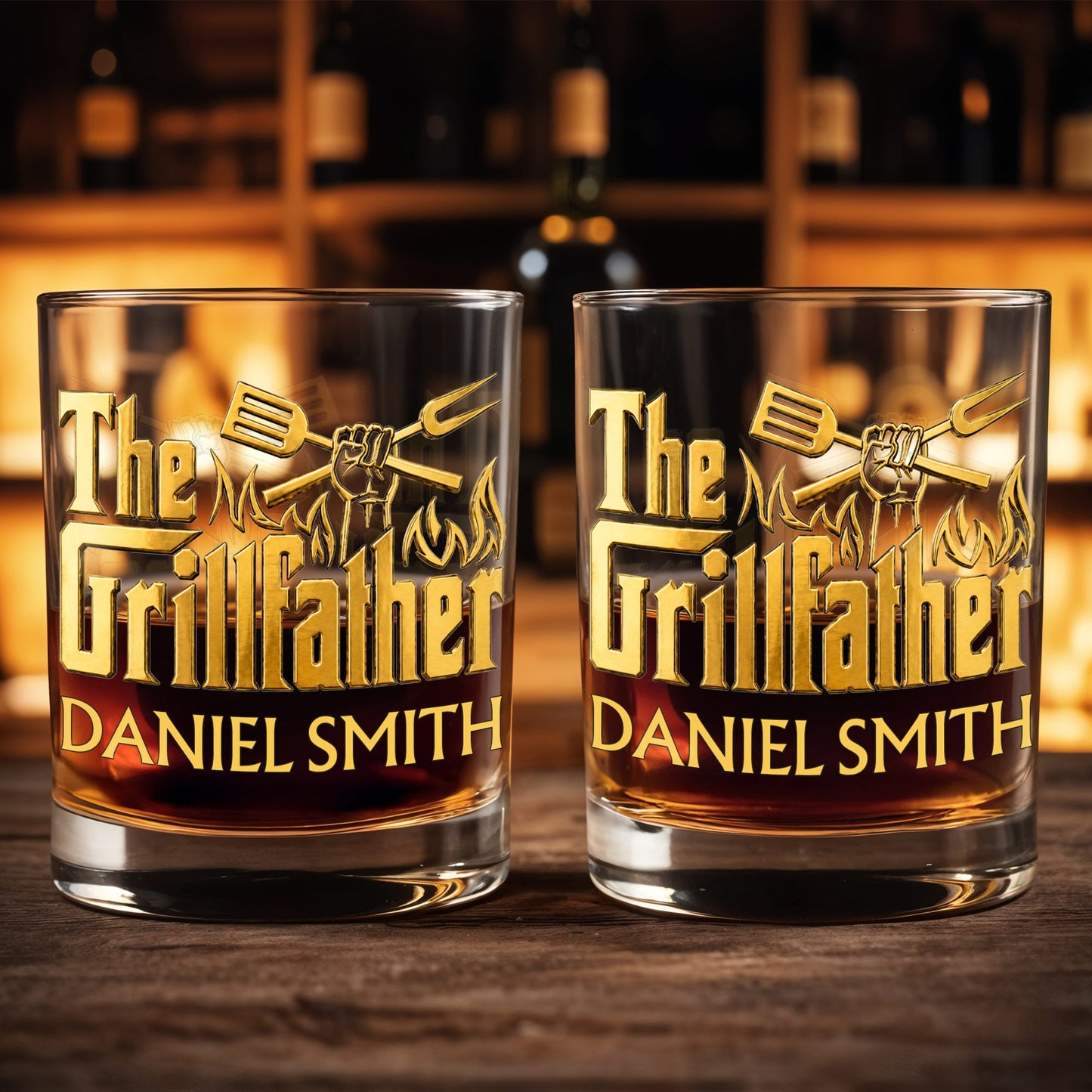 The Grillfather With Spatula Fork And Flames Design - Personalized Custom Whiskey Glass - DAD792_RWG