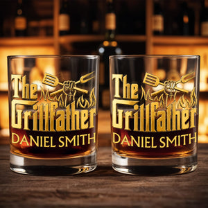 The Grillfather With Spatula Fork And Flames Design - Personalized Custom Whiskey Glass - DAD792_RWG