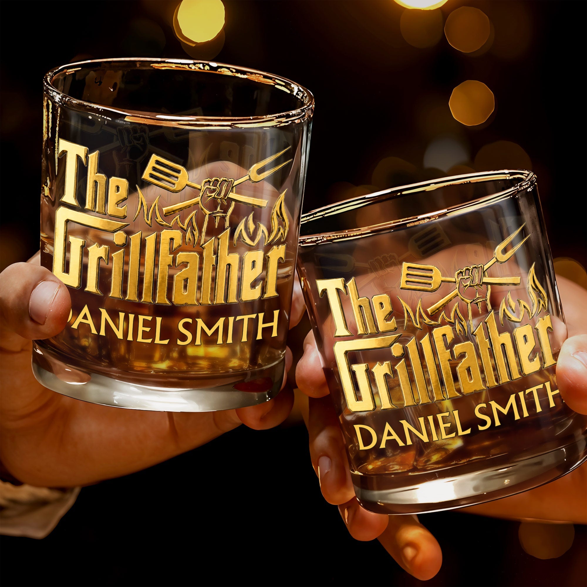 The Grillfather With Spatula Fork And Flames Design - Personalized Custom Whiskey Glass - DAD792_RWG