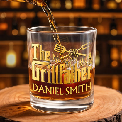 The Grillfather With Spatula Fork And Flames Design - Personalized Custom Whiskey Glass - DAD792_RWG