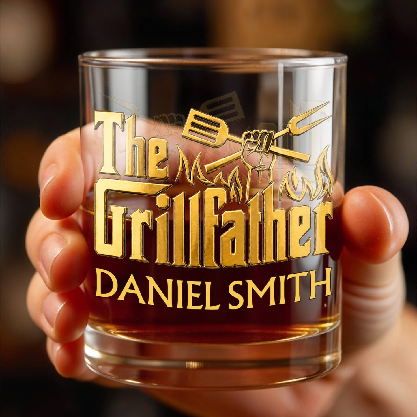 The Grillfather With Spatula Fork And Flames Design - Personalized Custom Whiskey Glass - DAD792_RWG