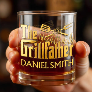 The Grillfather With Spatula Fork And Flames Design - Personalized Custom Whiskey Glass - DAD792_RWG