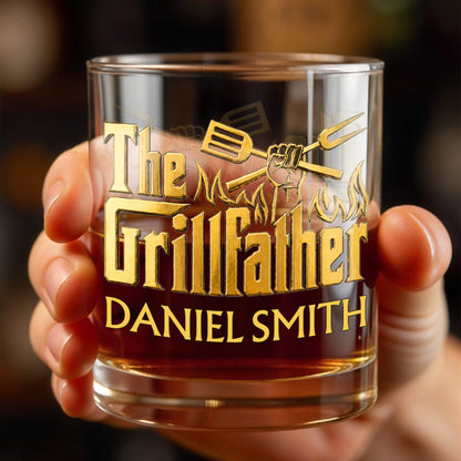 The Grillfather With Spatula Fork And Flames Design - Personalized Custom Whiskey Glass - DAD792_RWG