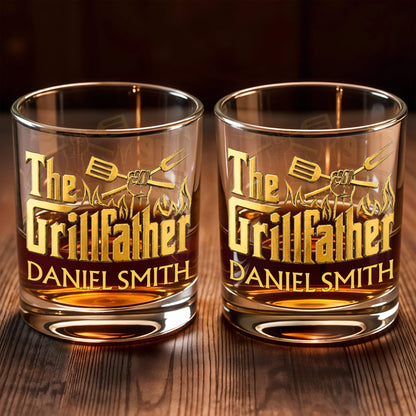 The Grillfather With Spatula Fork And Flames Design - Personalized Custom Whiskey Glass - DAD792_RWG