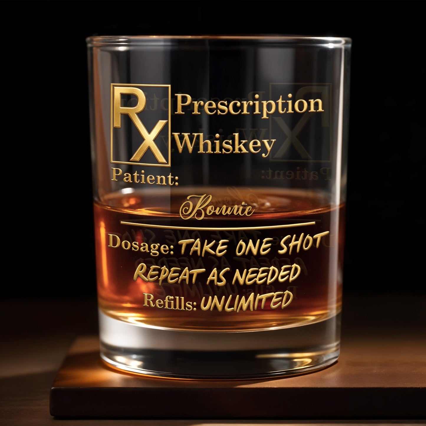 Prescription Whiskey Take One Shot Repeat As Needed RX Symbol Golden Design - Personalized Custom Whiskey Glass - DAD805_RWG