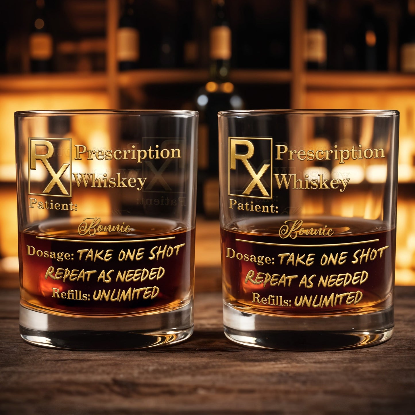 Prescription Whiskey Take One Shot Repeat As Needed RX Symbol Golden Design - Personalized Custom Whiskey Glass - DAD805_RWG
