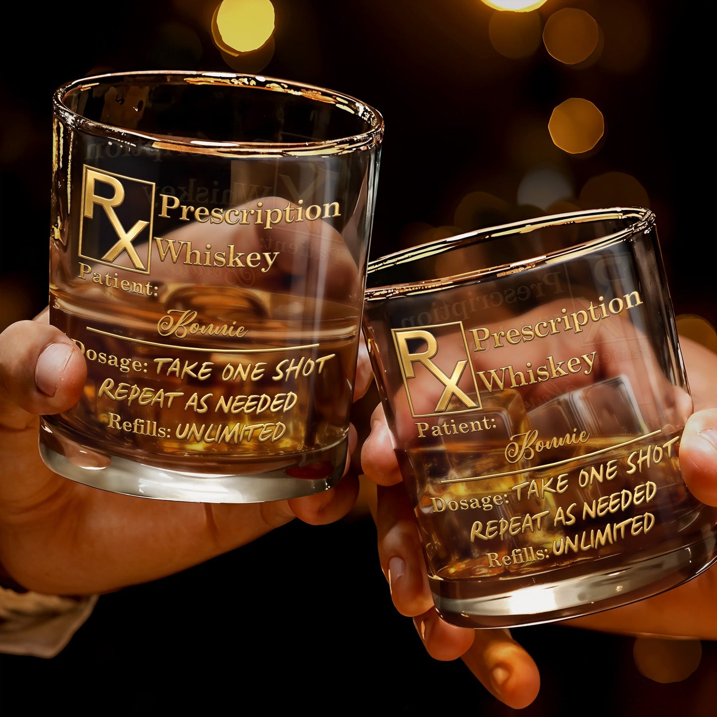 Prescription Whiskey Take One Shot Repeat As Needed RX Symbol Golden Design - Personalized Custom Whiskey Glass - DAD805_RWG