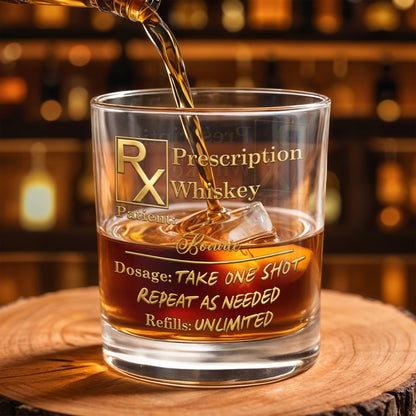 Prescription Whiskey Take One Shot Repeat As Needed RX Symbol Golden Design - Personalized Custom Whiskey Glass - DAD805_RWG