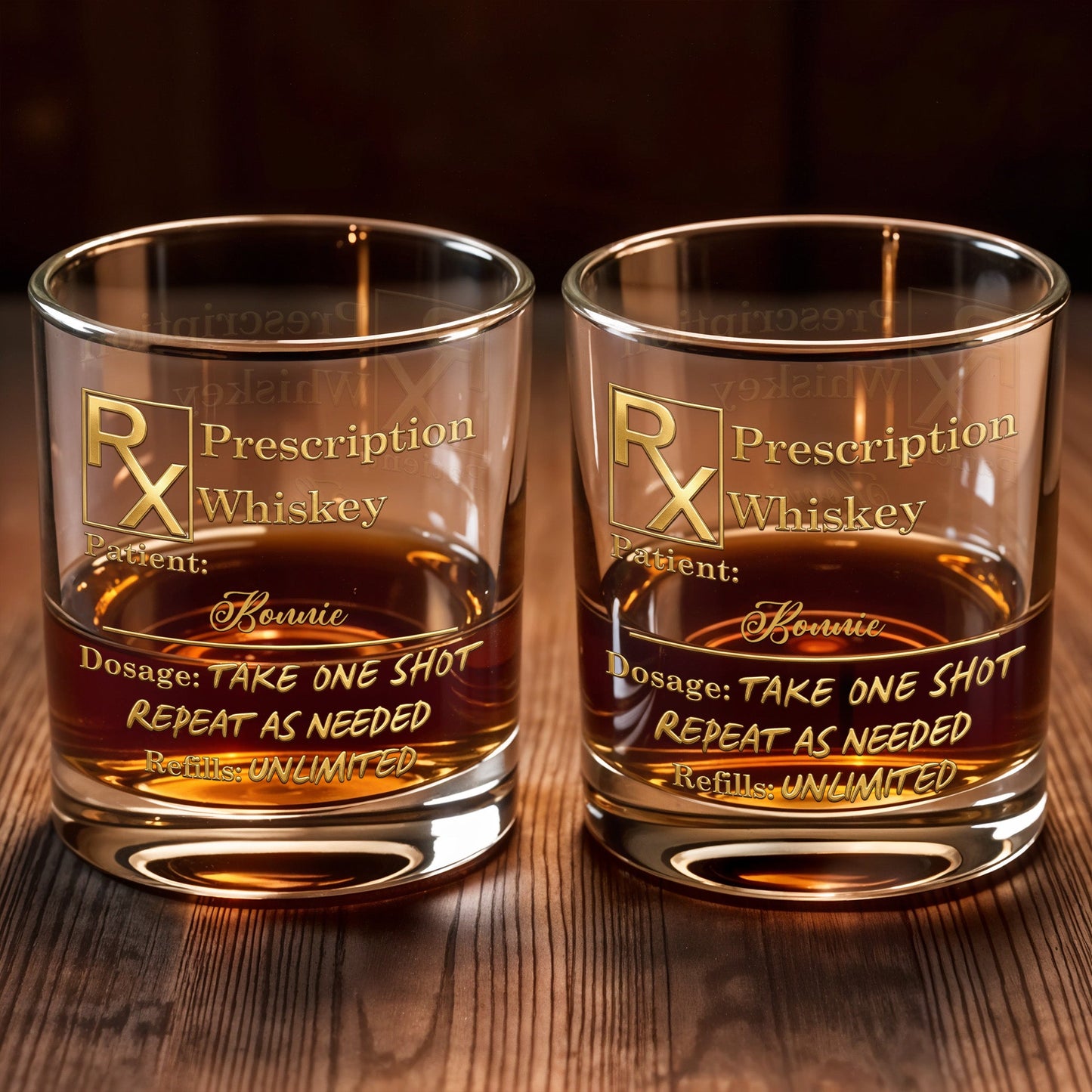 Prescription Whiskey Take One Shot Repeat As Needed RX Symbol Golden Design - Personalized Custom Whiskey Glass - DAD805_RWG