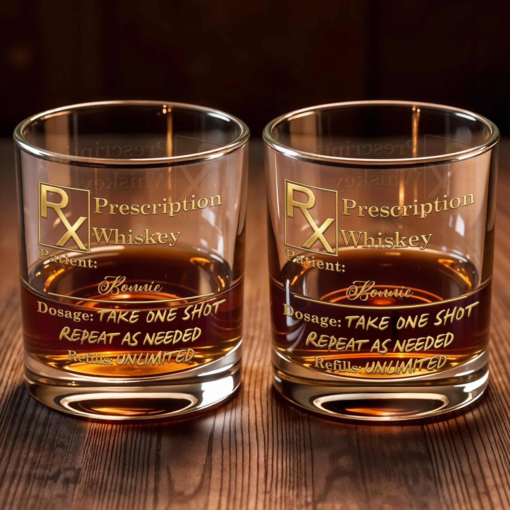 Prescription Whiskey Take One Shot Repeat As Needed RX Symbol Golden Design - Personalized Custom Whiskey Glass - DAD805_RWG