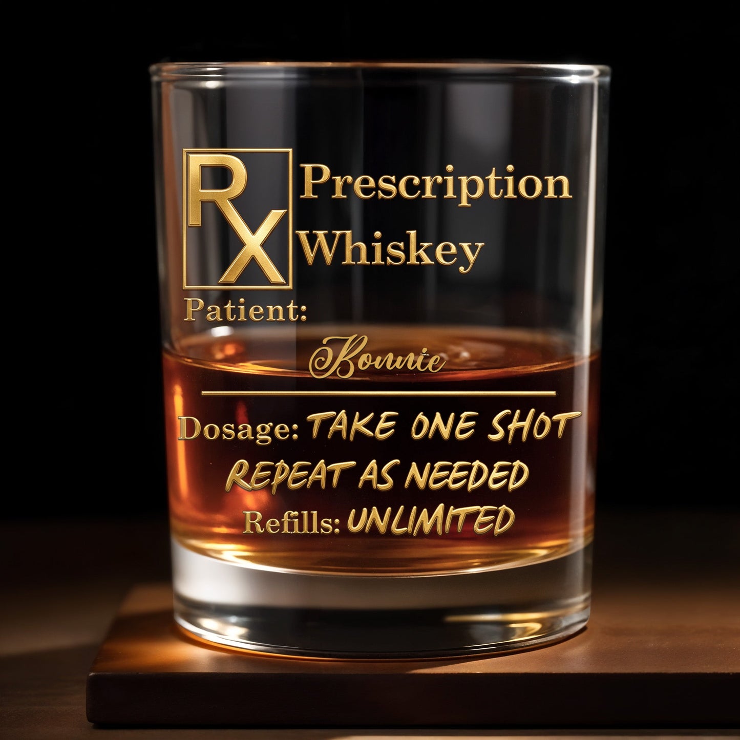 Prescription Whiskey Take One Shot Repeat As Needed RX Symbol Golden Design - Personalized Custom Whiskey Glass - DAD805_RWG