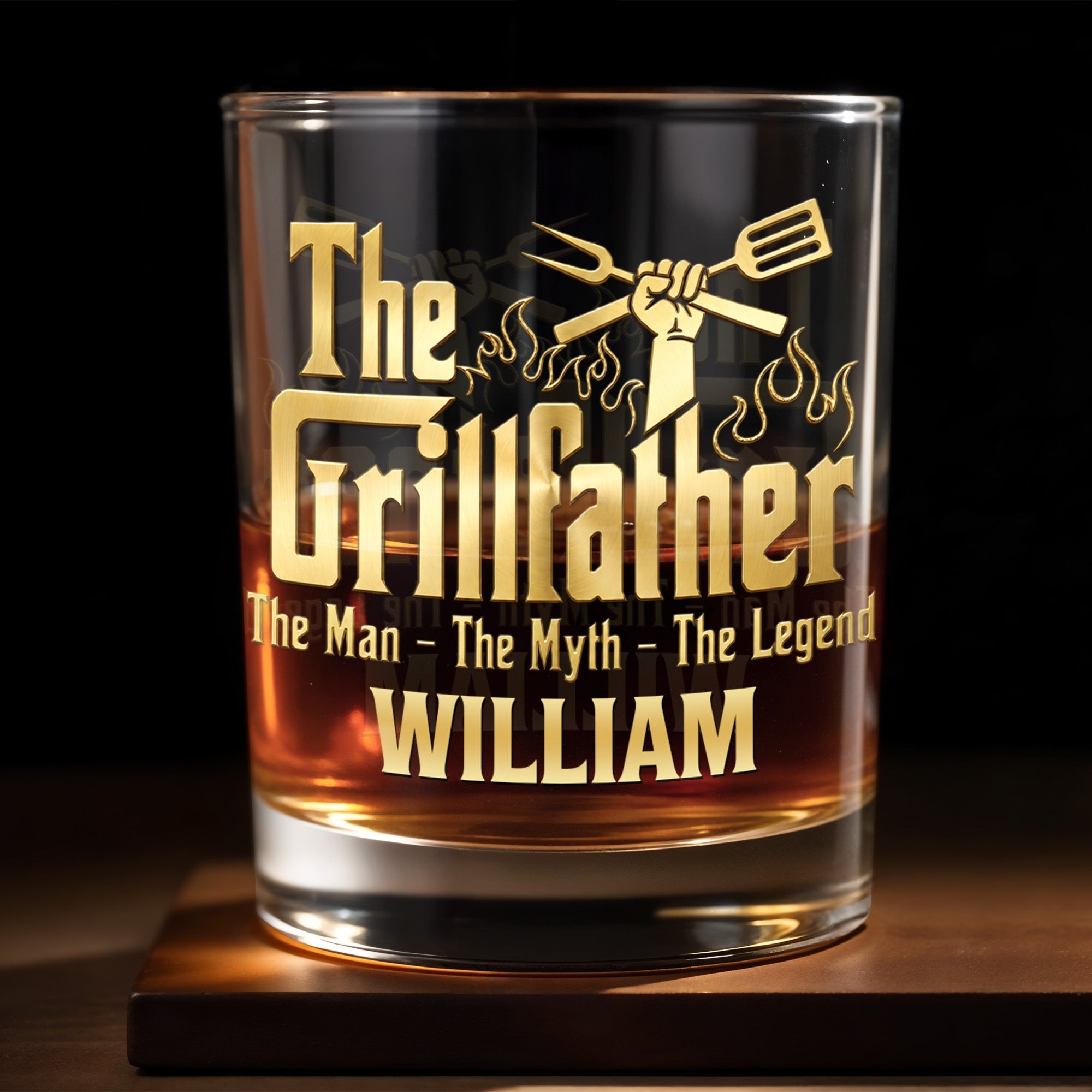 The Grillfather The Man The Myth The Legend With Grill Tools - Personalized Custom Whiskey Glass - DAD824_RWG