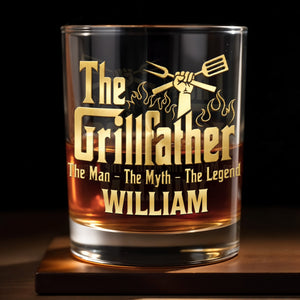 The Grillfather The Man The Myth The Legend With Grill Tools - Personalized Custom Whiskey Glass - DAD824_RWG