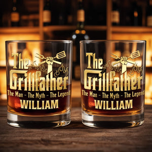 The Grillfather The Man The Myth The Legend With Grill Tools - Personalized Custom Whiskey Glass - DAD824_RWG
