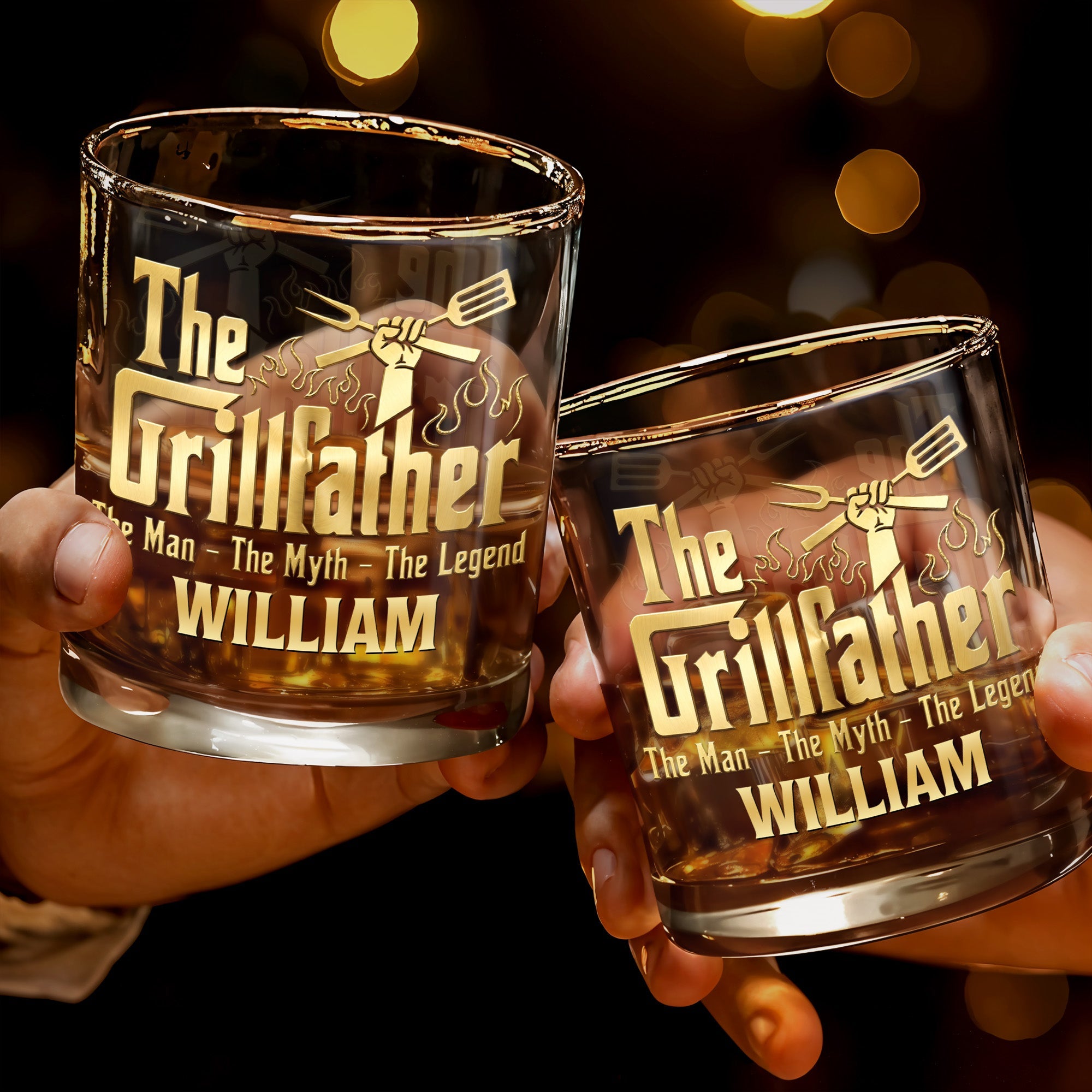 The Grillfather The Man The Myth The Legend With Grill Tools - Personalized Custom Whiskey Glass - DAD824_RWG
