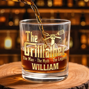 The Grillfather The Man The Myth The Legend With Grill Tools - Personalized Custom Whiskey Glass - DAD824_RWG