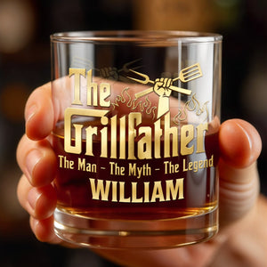 The Grillfather The Man The Myth The Legend With Grill Tools - Personalized Custom Whiskey Glass - DAD824_RWG