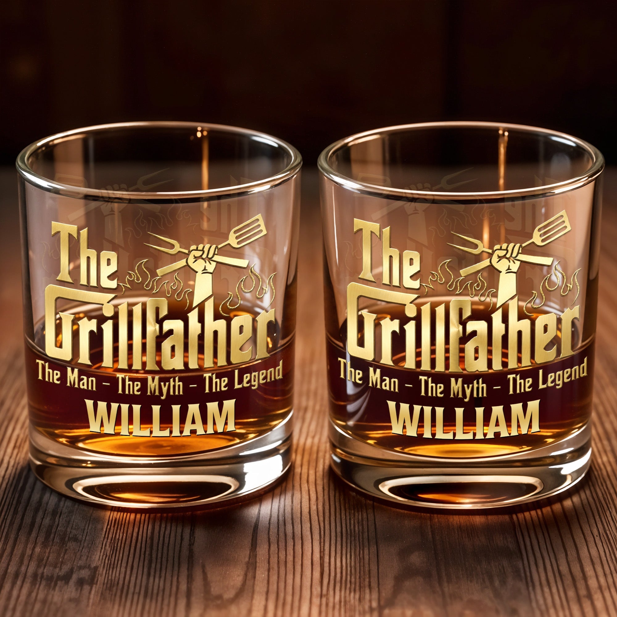 The Grillfather The Man The Myth The Legend With Grill Tools - Personalized Custom Whiskey Glass - DAD824_RWG