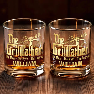 The Grillfather The Man The Myth The Legend With Grill Tools - Personalized Custom Whiskey Glass - DAD824_RWG