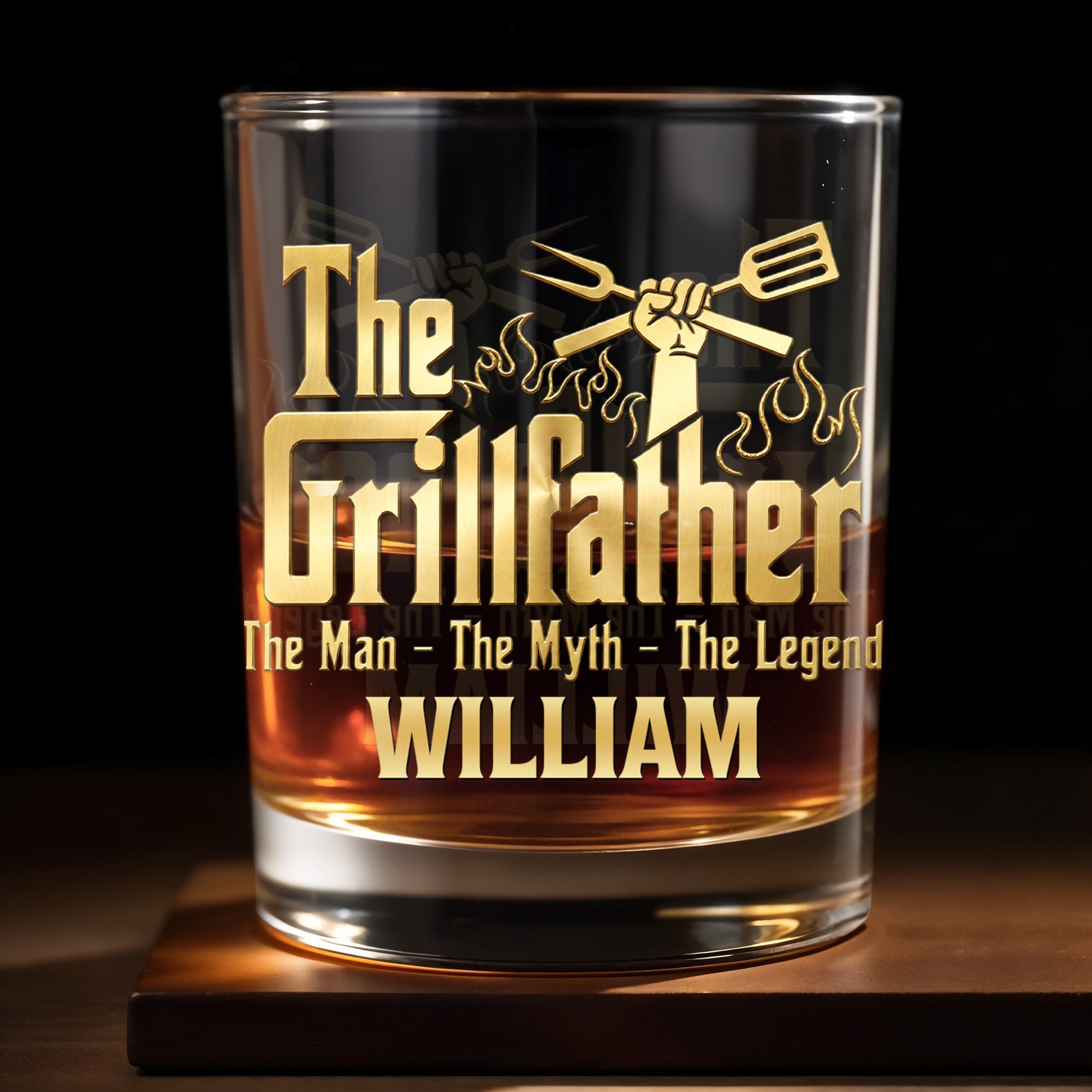 The Grillfather The Man The Myth The Legend With Grill Tools - Personalized Custom Whiskey Glass - DAD824_RWG