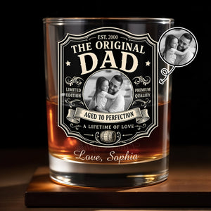 The Original Dad Aged To Perfection Vintage Label Photo Upload - Personalized Custom Whiskey Glass - DAD826_RWG