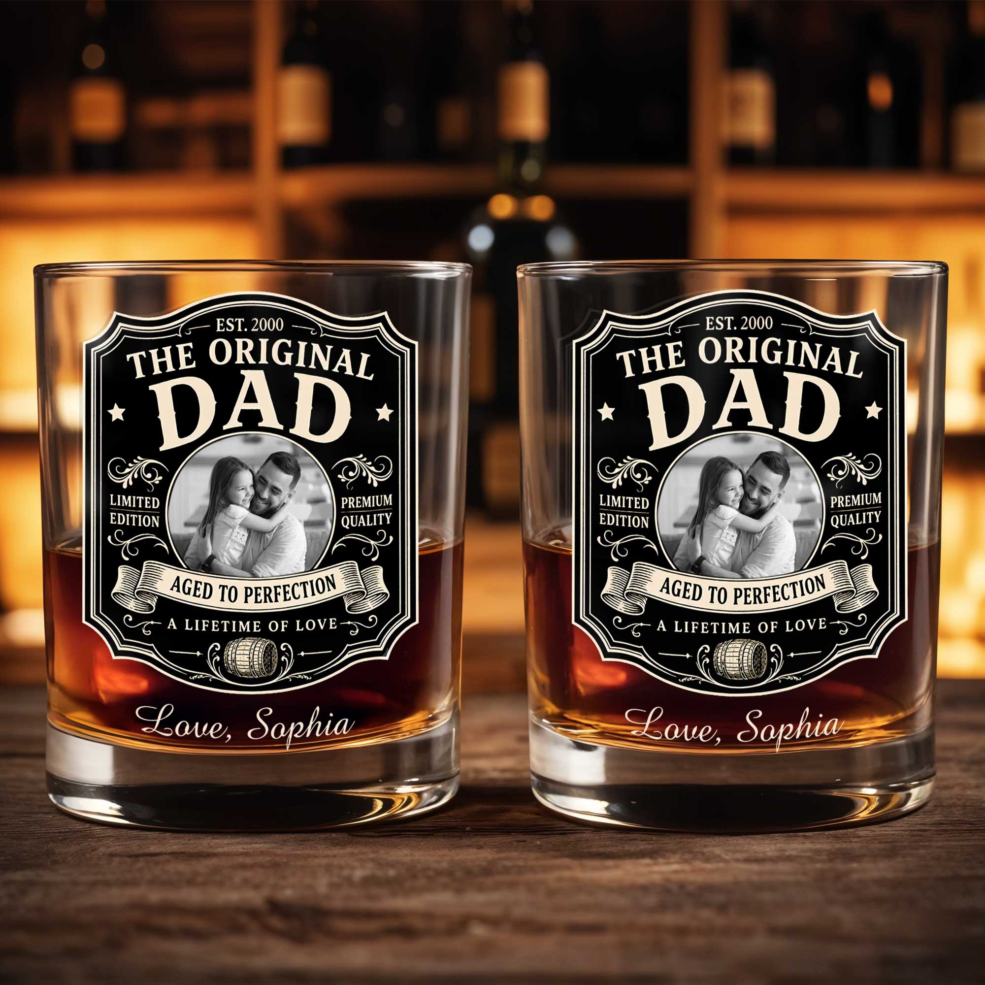 The Original Dad Aged To Perfection Vintage Label Photo Upload - Personalized Custom Whiskey Glass - DAD826_RWG