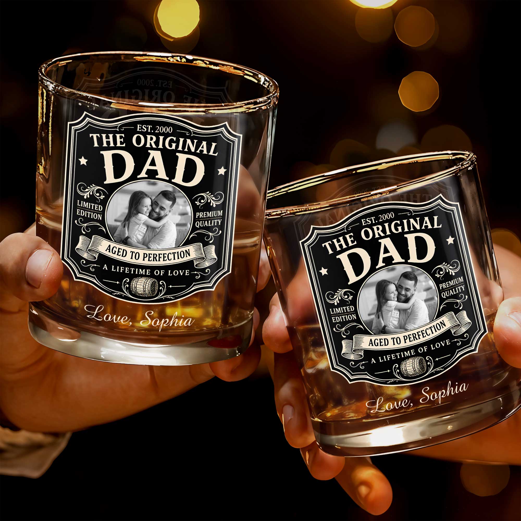 The Original Dad Aged To Perfection Vintage Label Photo Upload - Personalized Custom Whiskey Glass - DAD826_RWG