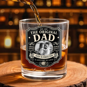 The Original Dad Aged To Perfection Vintage Label Photo Upload - Personalized Custom Whiskey Glass - DAD826_RWG