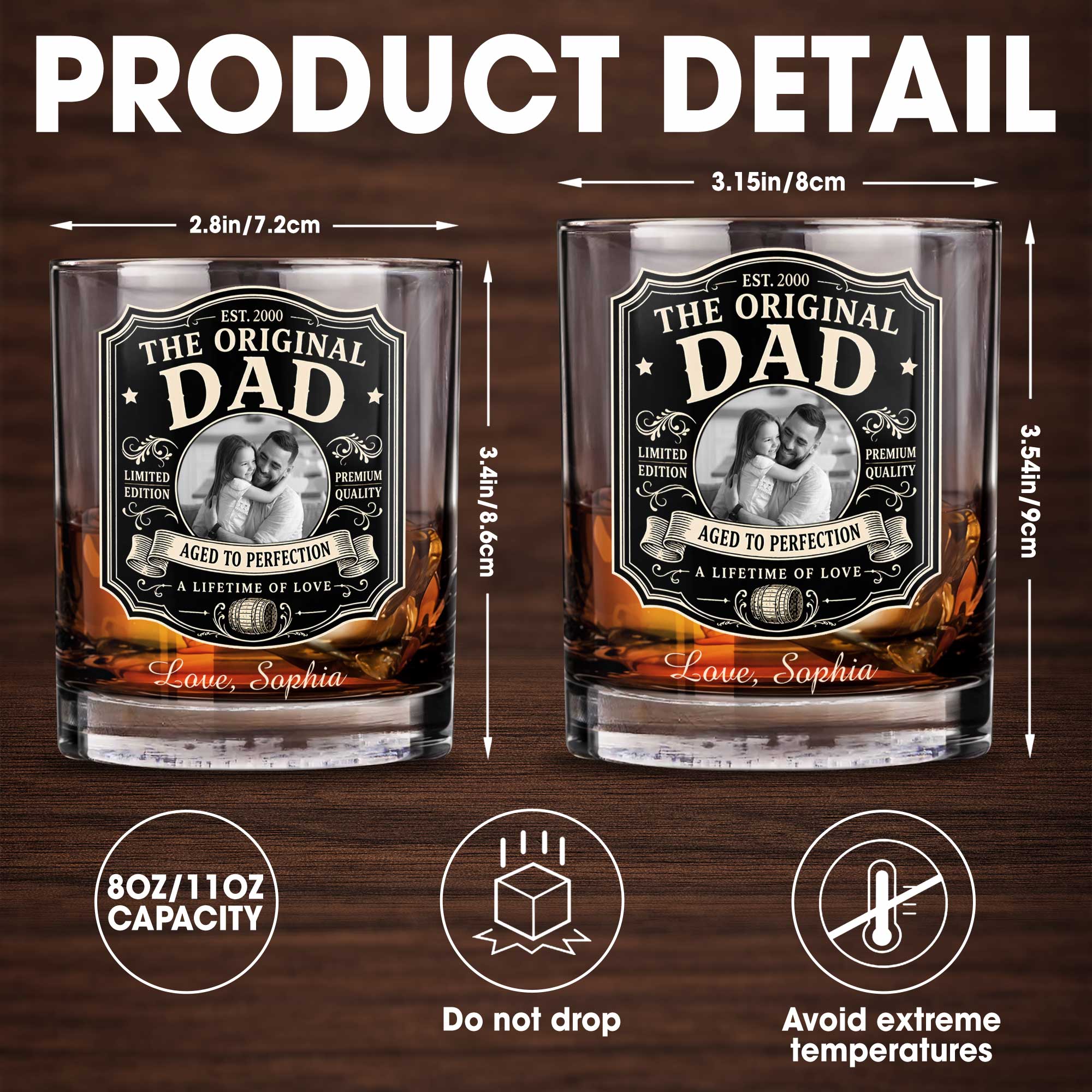 The Original Dad Aged To Perfection Vintage Label Photo Upload - Personalized Custom Whiskey Glass - DAD826_RWG