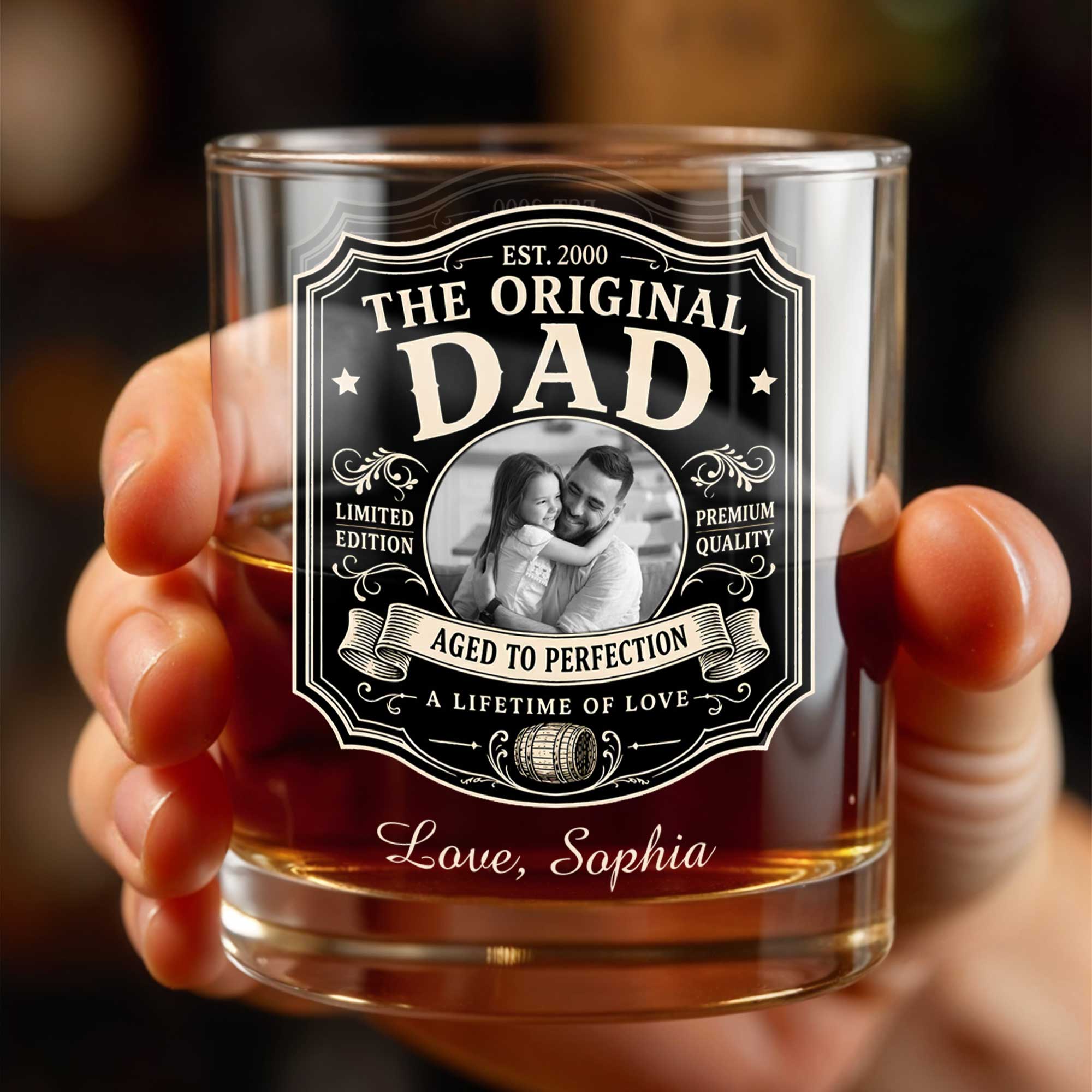The Original Dad Aged To Perfection Vintage Label Photo Upload - Personalized Custom Whiskey Glass - DAD826_RWG
