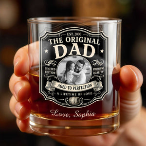 The Original Dad Aged To Perfection Vintage Label Photo Upload - Personalized Custom Whiskey Glass - DAD826_RWG