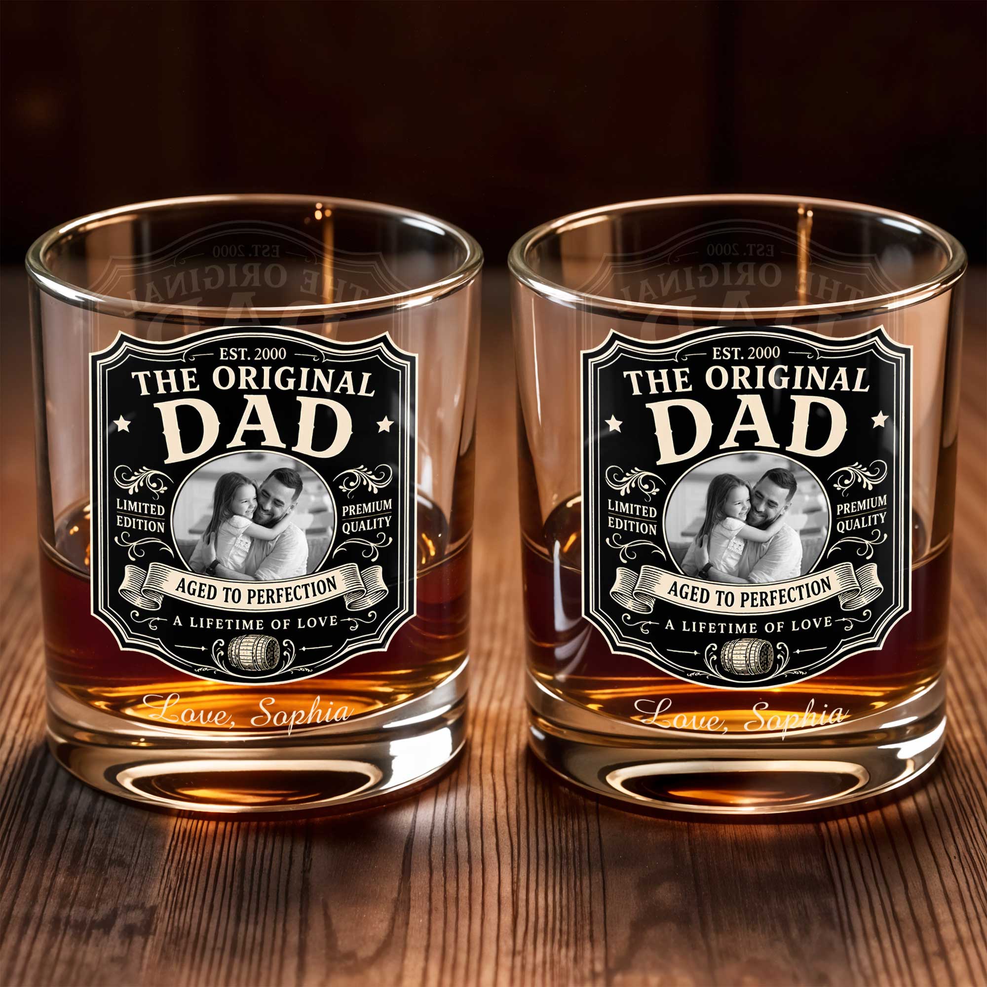 The Original Dad Aged To Perfection Vintage Label Photo Upload - Personalized Custom Whiskey Glass - DAD826_RWG