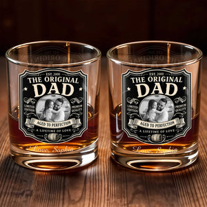The Original Dad Aged To Perfection Vintage Label Photo Upload - Personalized Custom Whiskey Glass - DAD826_RWG