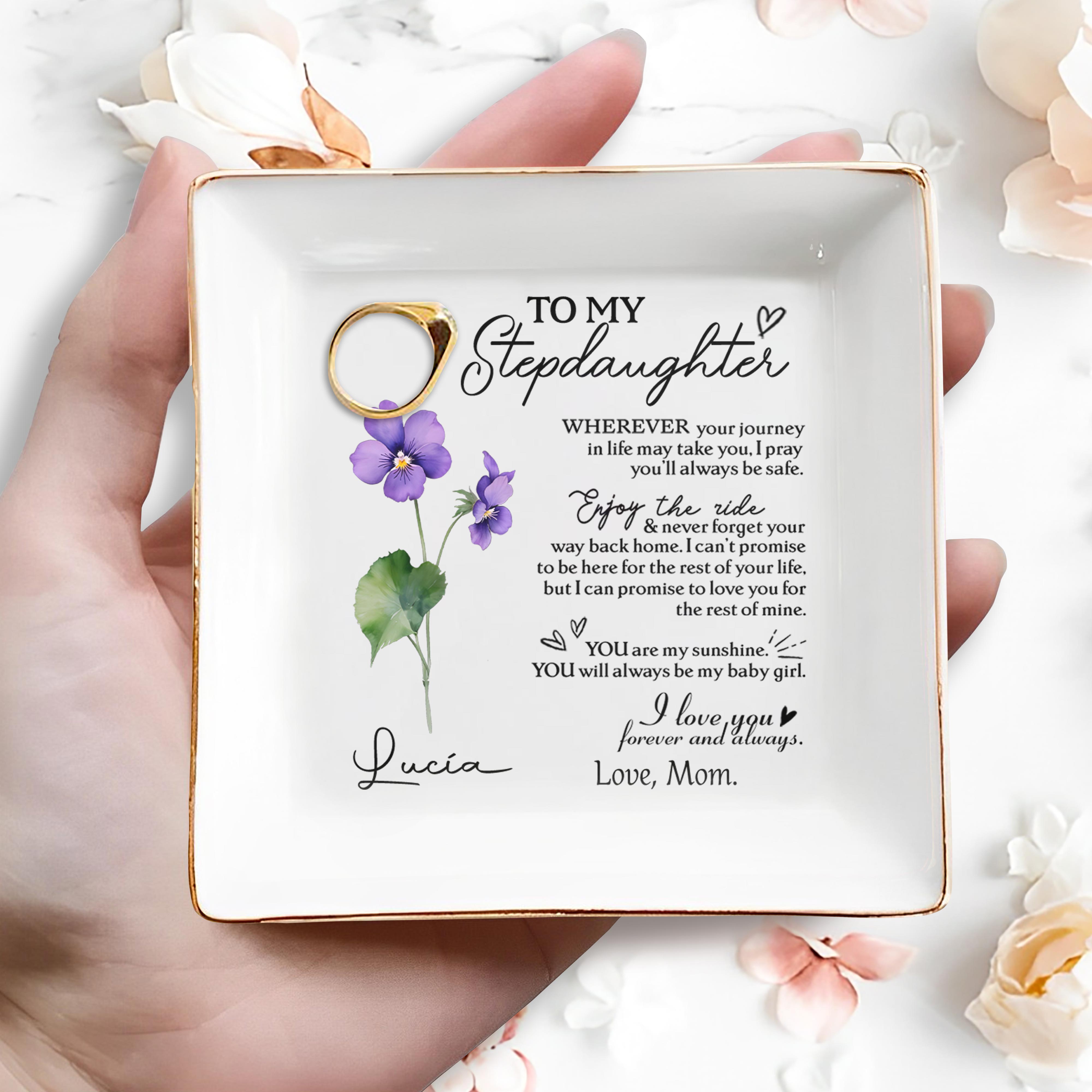 Loving Message To Stepdaughter With Hearts And Flowers - Personalized Custom Jewelry Dish - DAU035_SCRD