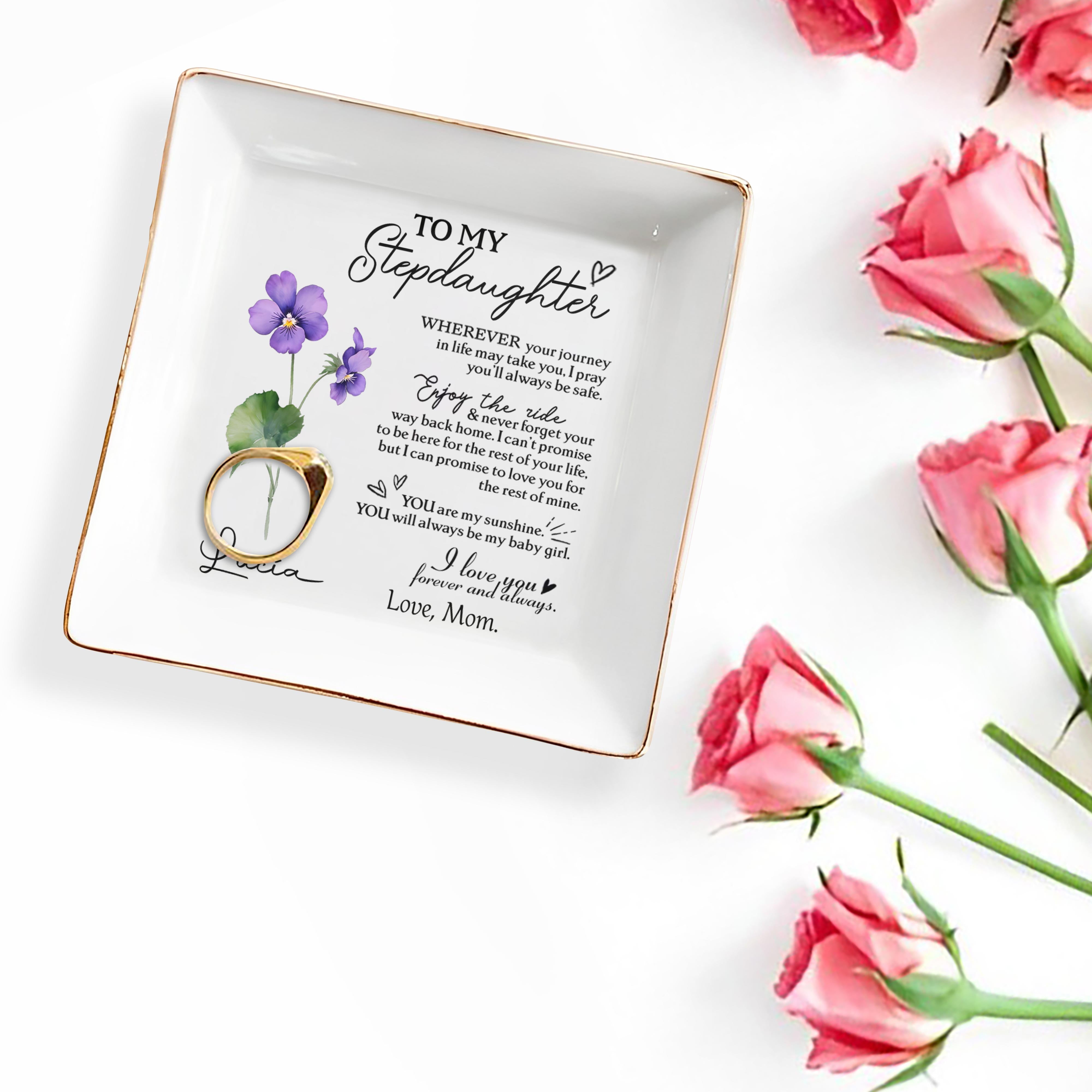 Loving Message To Stepdaughter With Hearts And Flowers - Personalized Custom Jewelry Dish - DAU035_SCRD