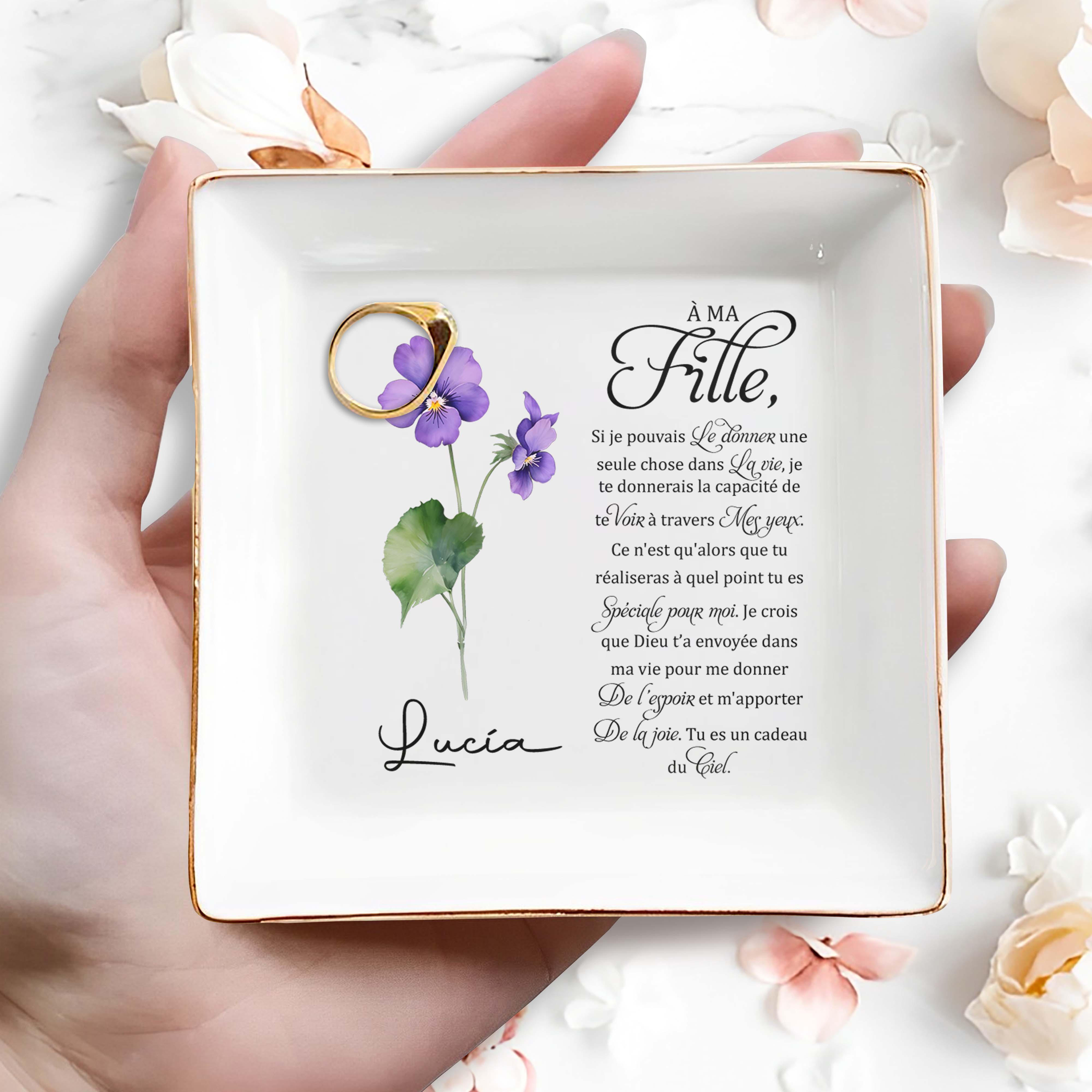 Gift For Daughter With Emotional Quote and Flowers - Personalized Custom Jewelry Dish - DAU039_SCRD