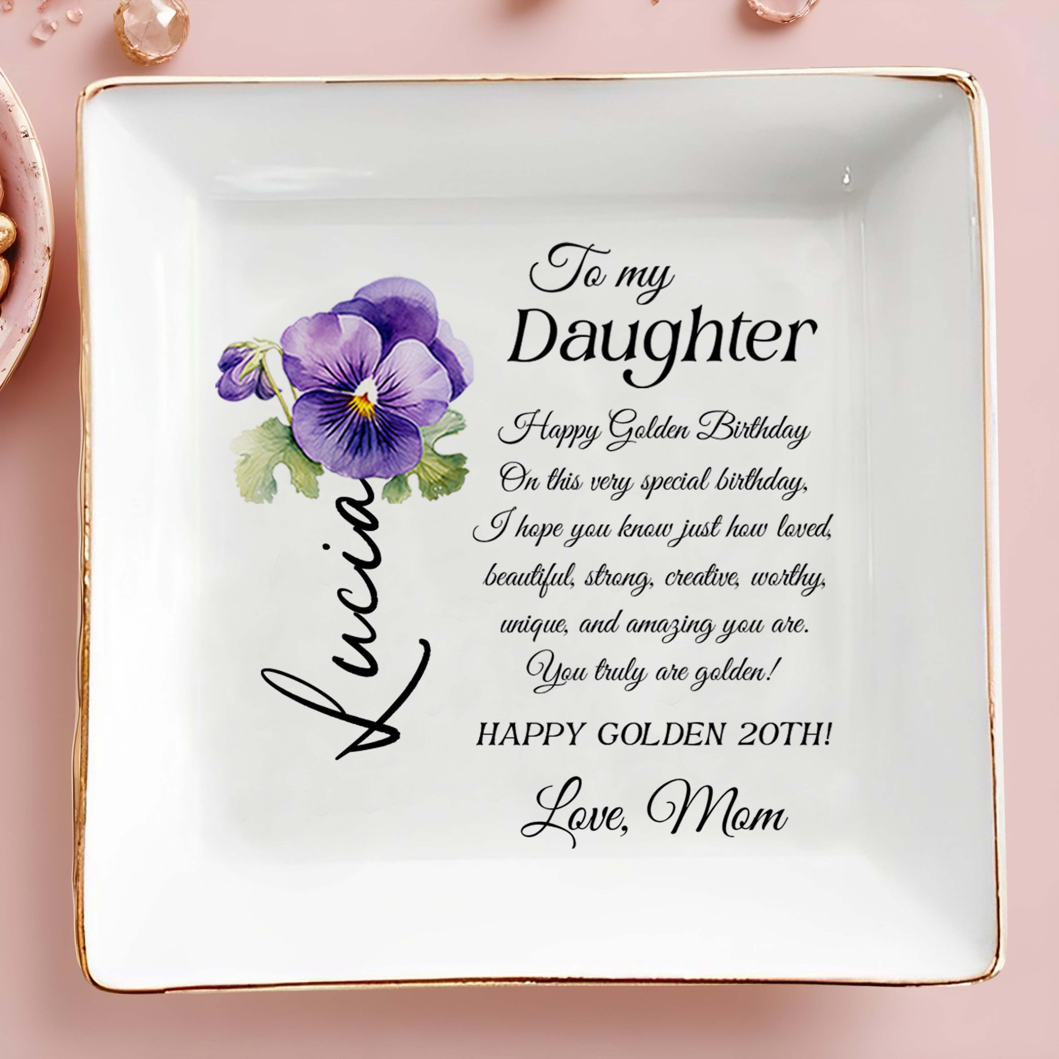 Happy Golden Birthday Gift Featuring Pansies - Personalized Custom Jewelry Dish - DAU086_SCRD