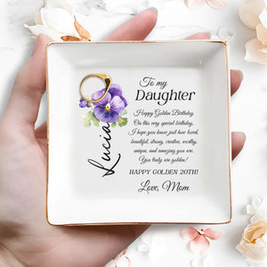 Happy Golden Birthday Gift Featuring Pansies - Personalized Custom Jewelry Dish - DAU086_SCRD